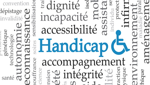 En bleu, le mot "Handicap" et le picto d'une personne en fauteuil roulant sur fond blanc et entouré d'un nuage de mot : aide, sensibilisation, activité, aménagement, interaction...