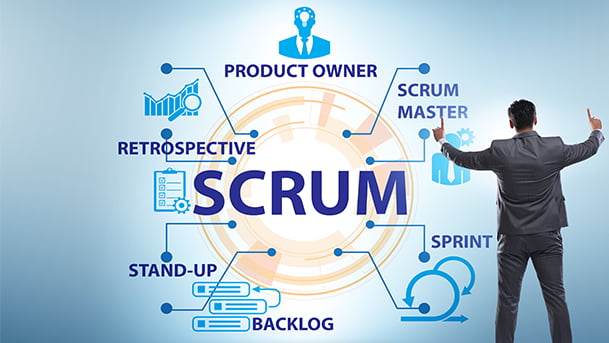 Sur un fond bleu, un business man de dos est face à un schéma digital circulaire SCRUM