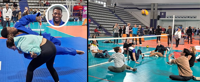 Crédit mutuel Ile de France et CIC région Ile-de-France organise la 1ère journée de l'inclusion sur le thème de l'handicap avec en photo, Amadou MEITE, champion para-judo et une autre photo de volley-assis.